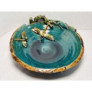 Vintage Majolica Style Art Pottery Dragonfly Tree Branch Rim Bowl 10.5" Nature
